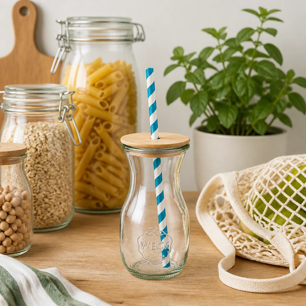 WECK sapfles 290ml duurzame keuken zero waste glazen flessen voorraadpotten pasta houten deksel eco rietje