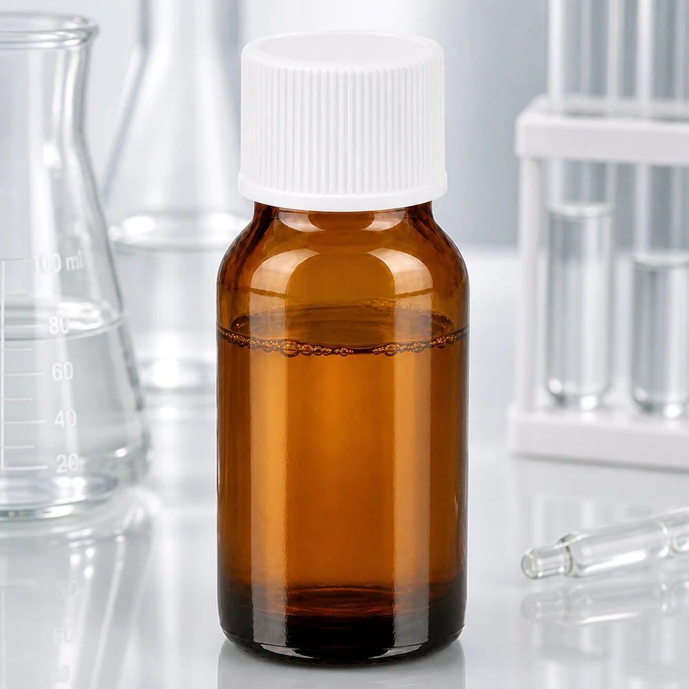 Compacte 10 ml laboratoriumfles van amberkleurig glas met witte dop voor nauwkeurige dosering