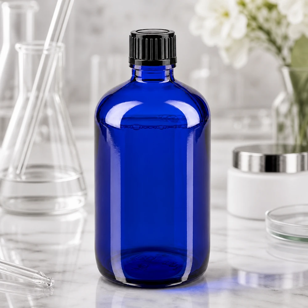 Blauwe glazen flessen 100ml met zwart schroefsluiting St Lichtbeschermingsflesje van 100 ml, van blauw glas met zwarte SV STD-opdruk op een marmeren ondergrond