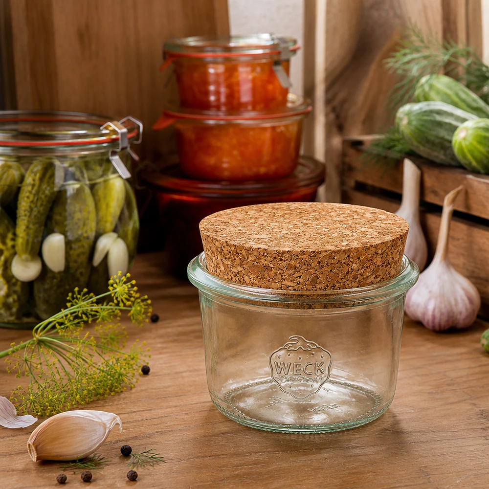WECK RR60 bekers 80ml met kurk in een rustieke keuken naast ingemaakte augurken en verse kruiden