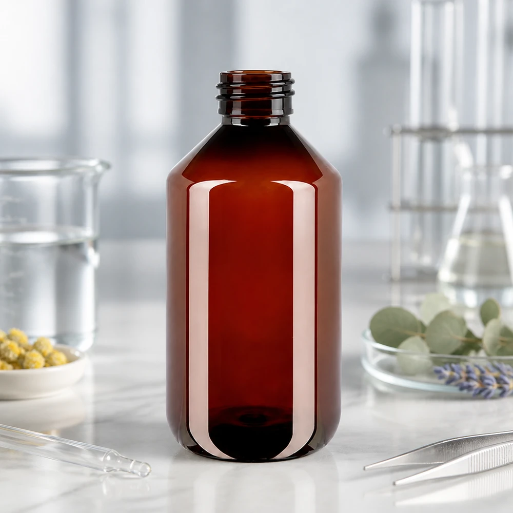 Bruine PET-voorraadfles van 500 ml met rode buitenverpakking voor oliën, tincturen en natuurlijke extracten
