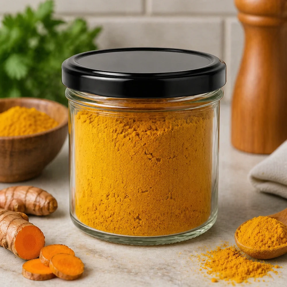 125ml mason pot met zwart BasicSeal deksel gevuld met kurkumapoeder verse kurkuma wortel kruidenpot keuken