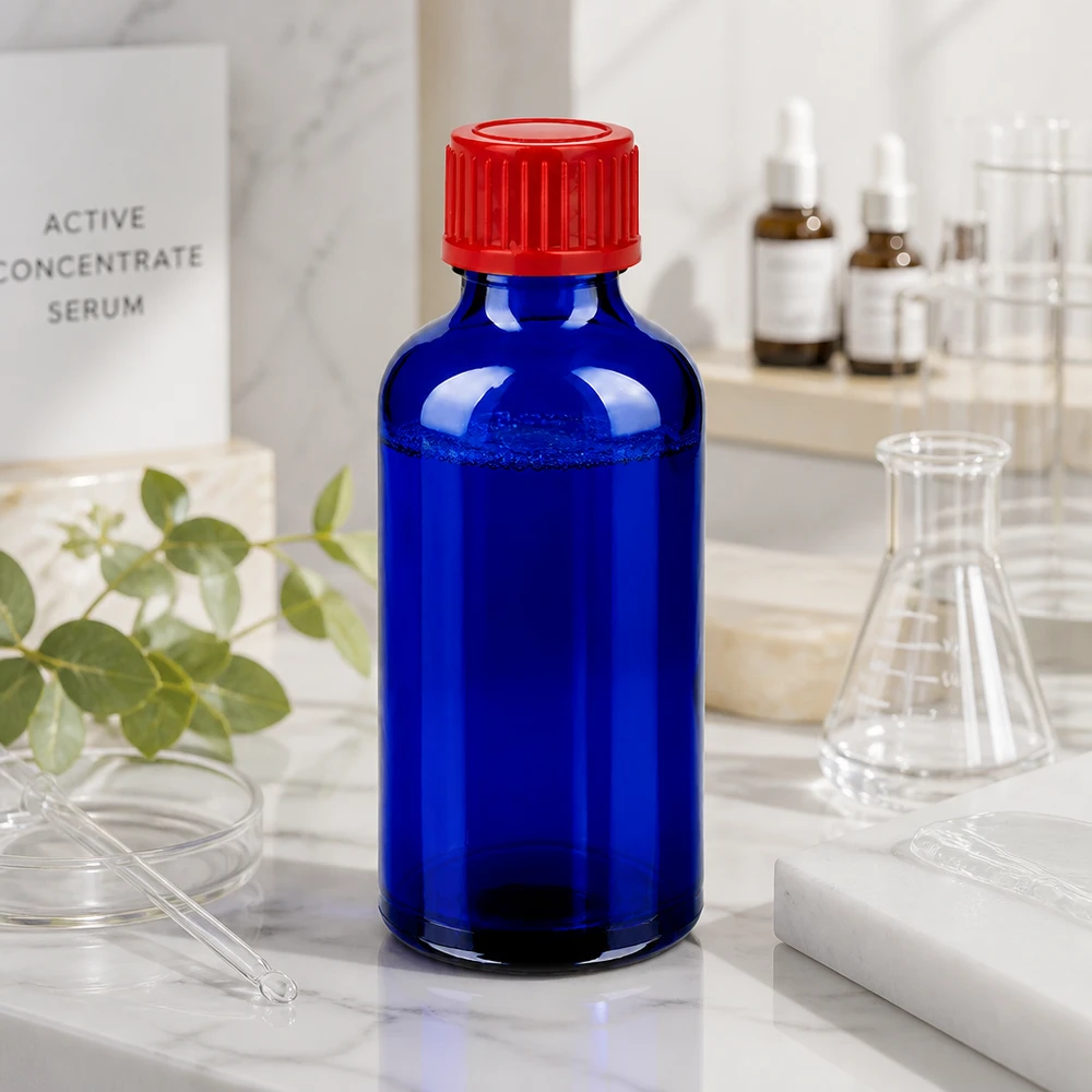Precisiefles 50ml BlueLine serie voor laboratoriumtoepassingen met rode standaard dop
