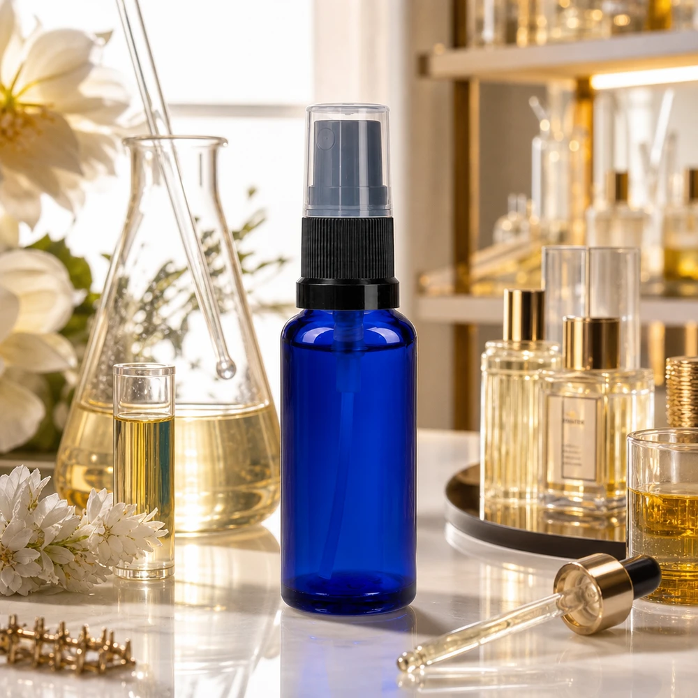 Blauwe glazen flessen 30ml met zwart pompverstuiver Blauwe glazen spuitfles van 30 ml met zwarte verstuiver naast een Erlenmeyer-kolf en witte bloemen