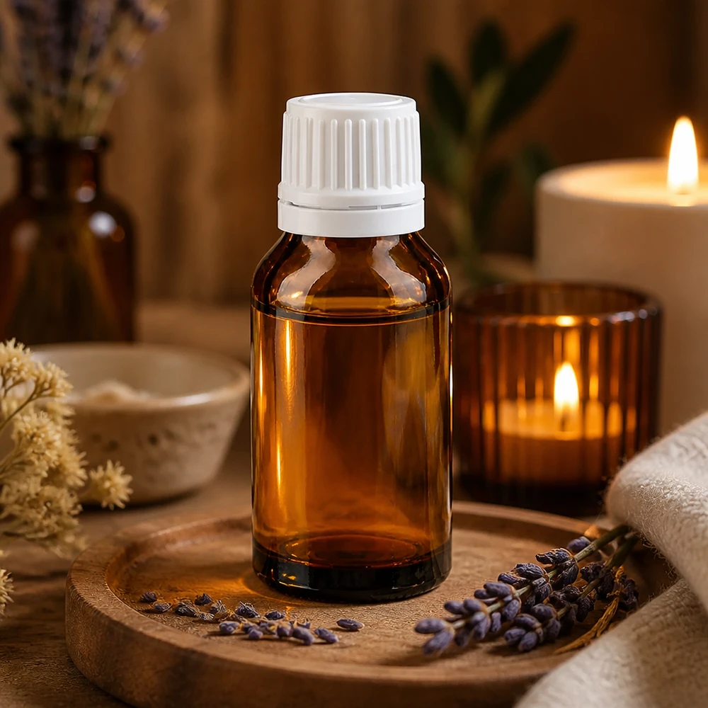 Kleine bruine glazen flesje van 15 ml met een geribbelde witte schroefdop Spa Ambiente