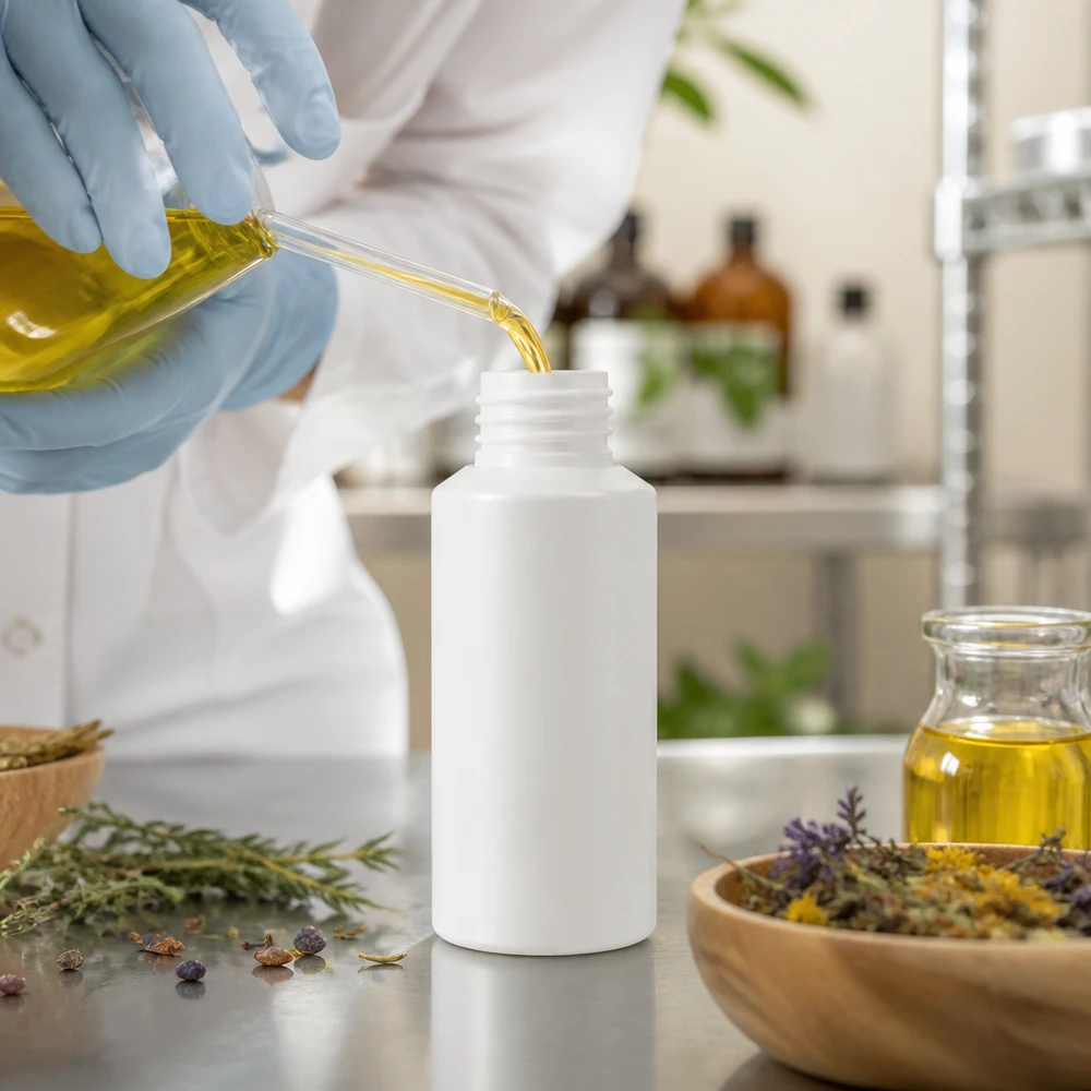 PET cilinderfles 30ml wit, S20x3, zonder sluiting Het vullen van een witte HDPE-apothekersfles van 30 ml met gouden plantaardige olie door een laboratoriumtechnicus