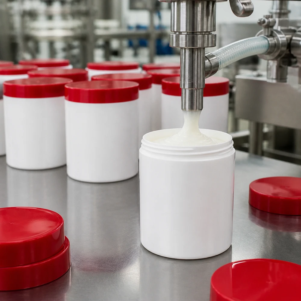 Zalfpot 300 g wit met rood schroefdeksel (PP) Zalfpotje 300 g, wit met rode deksel (PP) op roestvrijstalen transportband, afvulproces