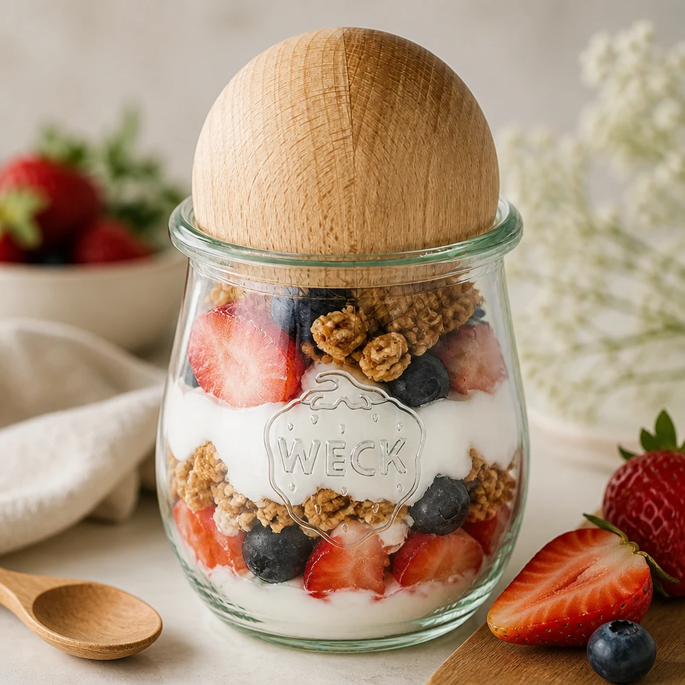 220ml tulpenglas WECK RR60 met houten bal WECK tulpvormige pot RR60 220ml als yoghurt parfait met bessen en noten, beukenhouten kogelstop voor desserts