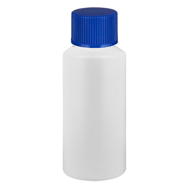 PET cilinderfles 30ml wit met schroefsluiting blauw PET cilinderfles 30ml wit met schroefsluiting blauw