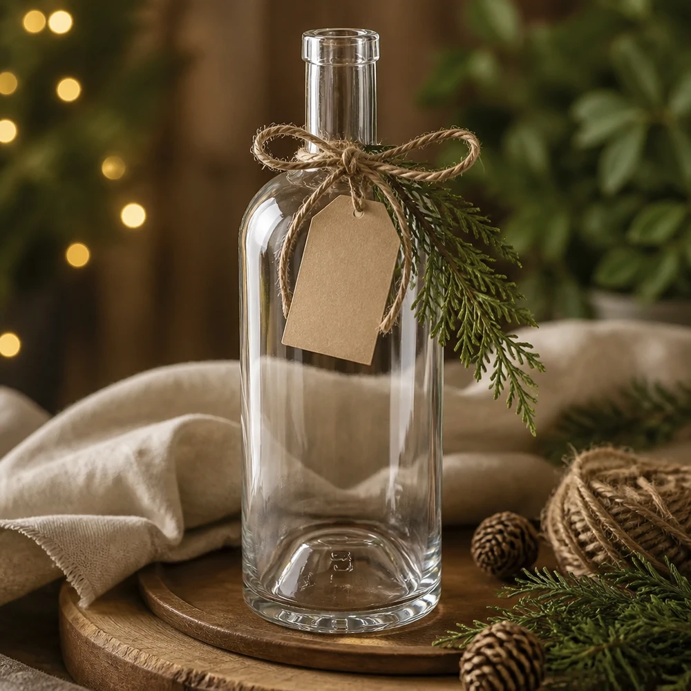 750 ml glazen Emma-fles versierd voor kerst met label van kraftpapier, jute strik en dennentak op houten plank