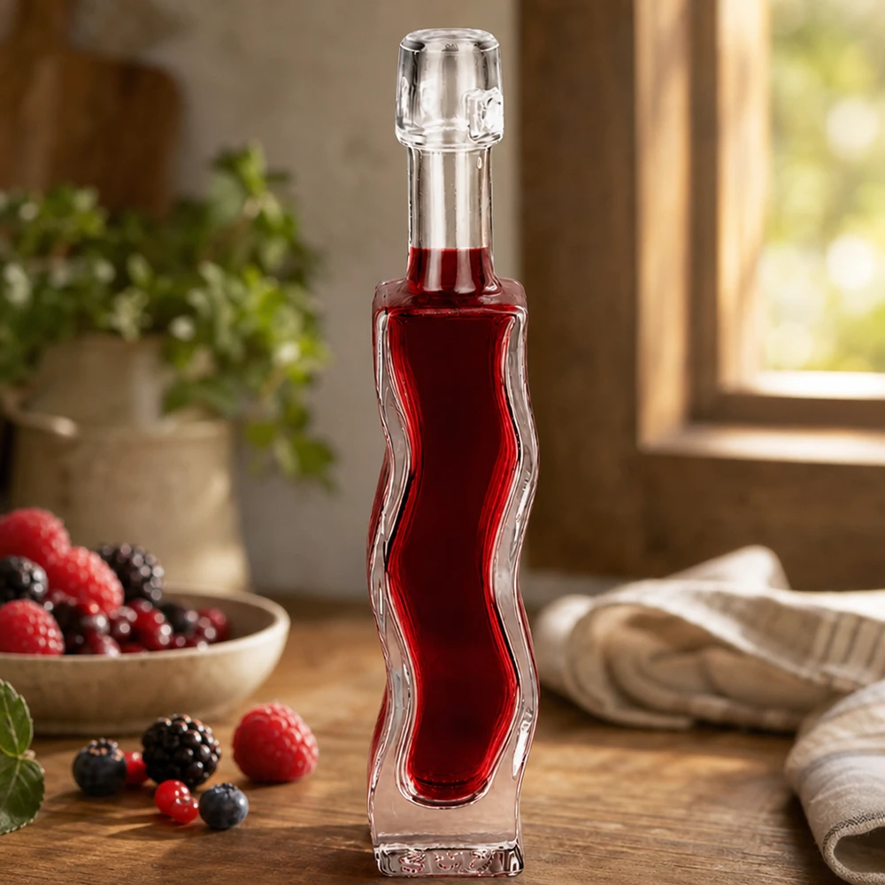 40 ml glazen fles Fila zonder beugel UNiTWIST® 40 ml glazen fles Anna gevuld met rode bessensap Versiering van bessenfruit Keukendecor Gebruiksvoorbeeld Likeur