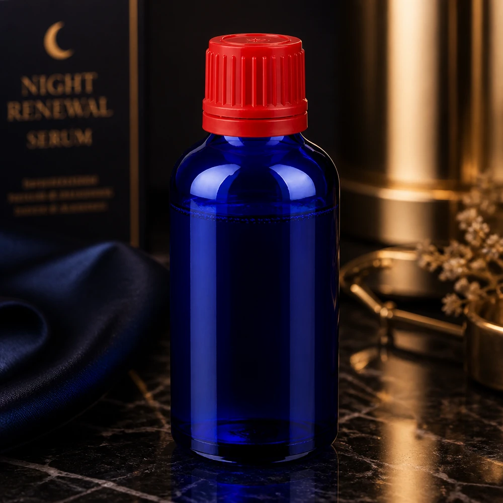 Druppelfles 50ml glas blauw met rode dop SV 11mm OV BlueLine UT18/50