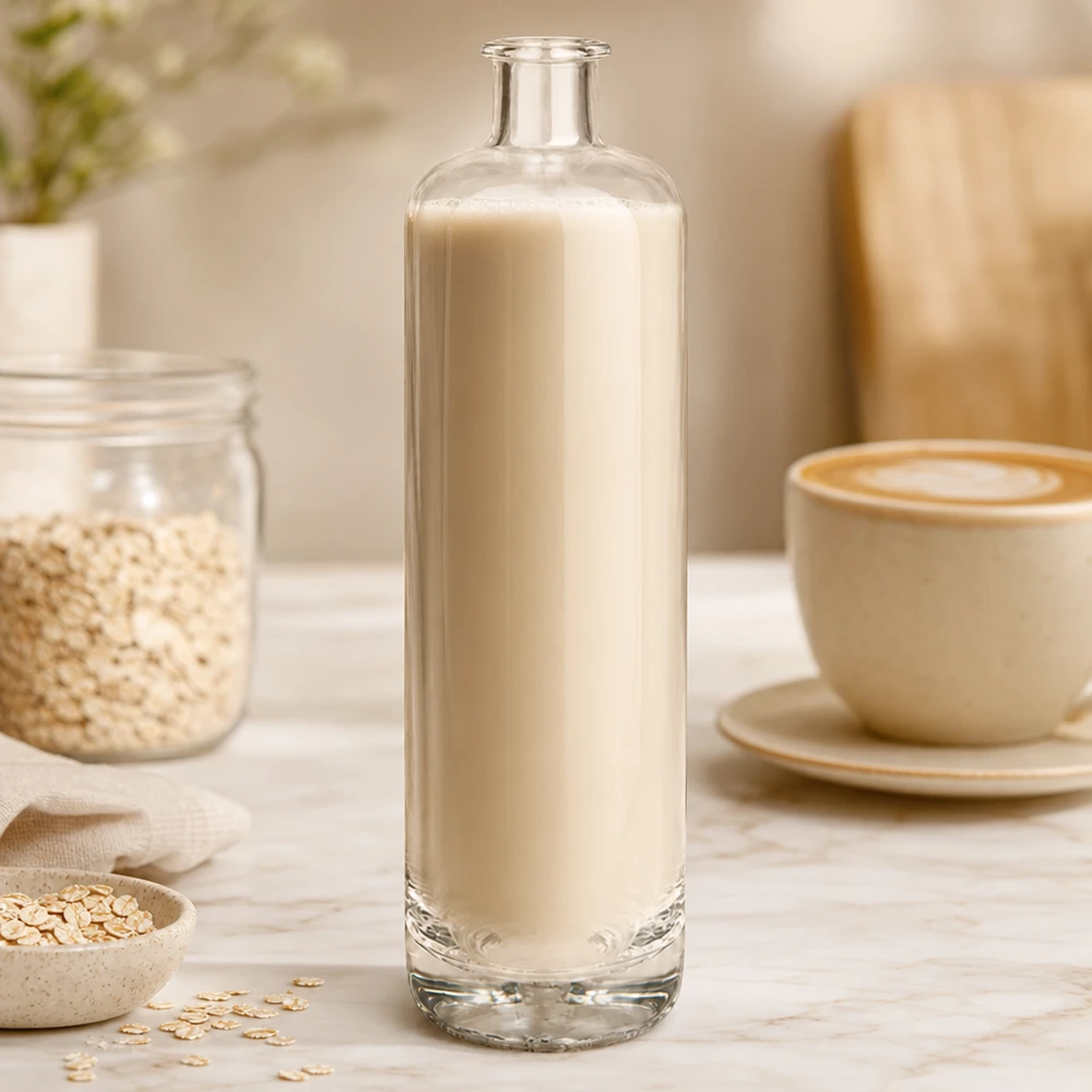 700ml glazen fles van Ella gevuld met romige havermelk naast havervlokken en koffiekopje in een natuurlijke keukenscène