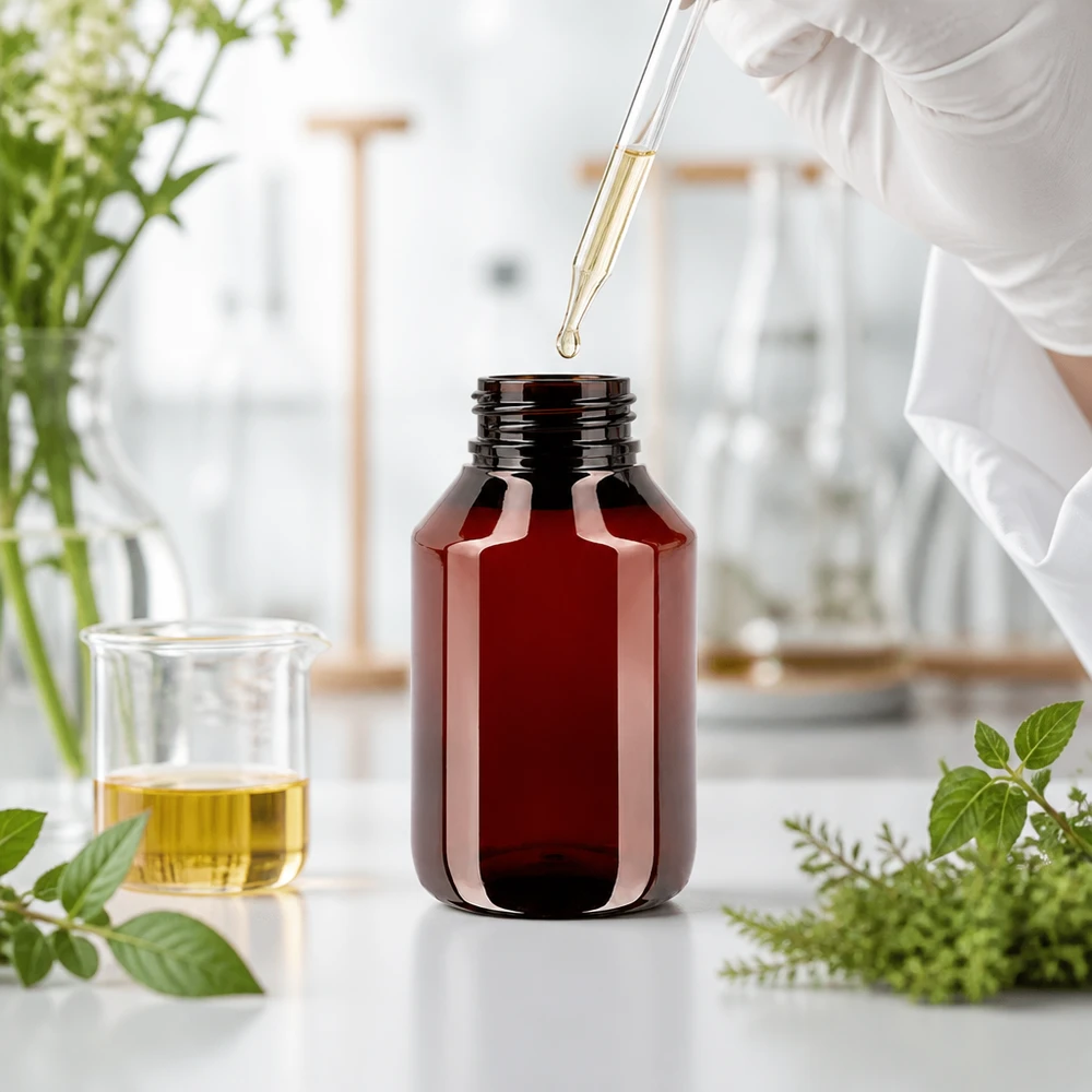 UV-bestendige kunststof fles van 50 ml, bruin, met ontgassingsdop voor natuurextracten
