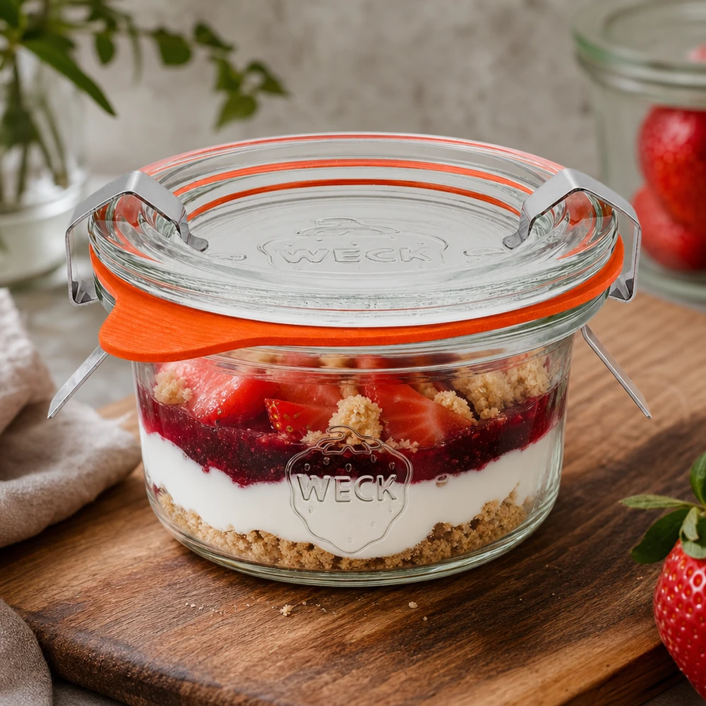 WECK 50ml bekers RR60 met gelaagd dessert van aardbeien en room als toepassingsvoorbeeld voor zoete desserts