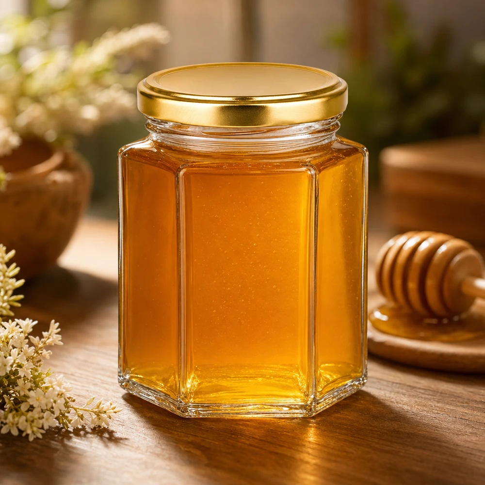 250g honingpot zeshoekig BasicSeal gouden deksel gevuld met honing naast honinglepel op houten tafel natuurproduct