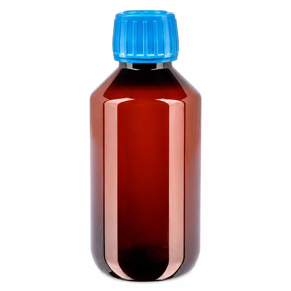 50 ml PET medicijnfles met verstuiver zwart GCMI 28/410 incl. dop transparant, standaard Kleine bruine PET-apothekersfles van 200 ml met blauwe originele dop (OV)