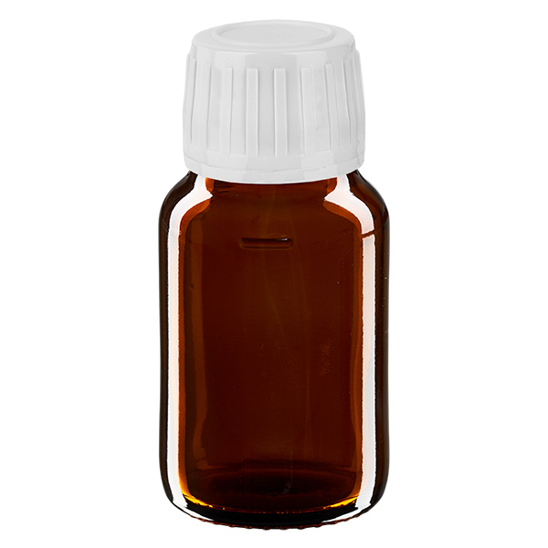 30ml Euro-medicijnfles bruin met witte schroefsluiting VR 30ml Euro-medicijnfles bruin met witte schroefsluiting VR