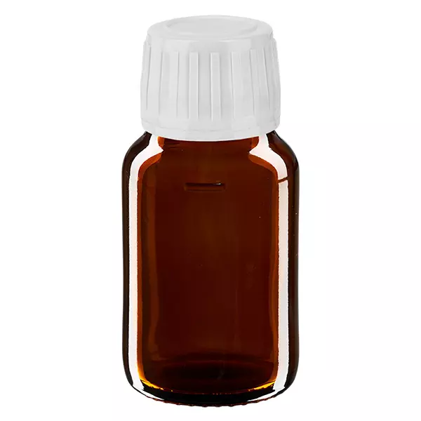 30ml Euro-medicijnfles bruin met witte schroefsluiting VR 30ml Euro-medicijnfles bruin met witte schroefsluiting VR