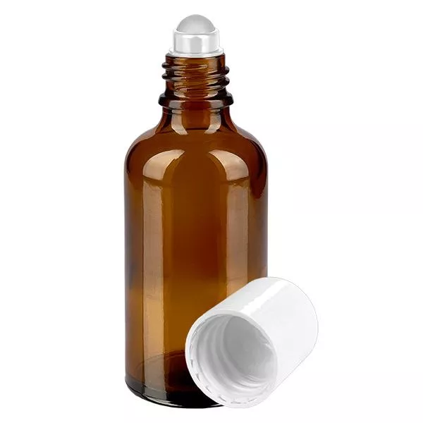 Apothekersflesje bruin 50ml roll-on cap wit Apothekersflesje bruin 50ml roll-on cap wit