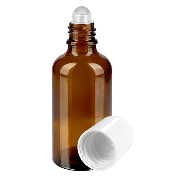 Apothekersflesje bruin 50ml roll-on cap wit Apothekersflesje bruin 50ml roll-on cap wit