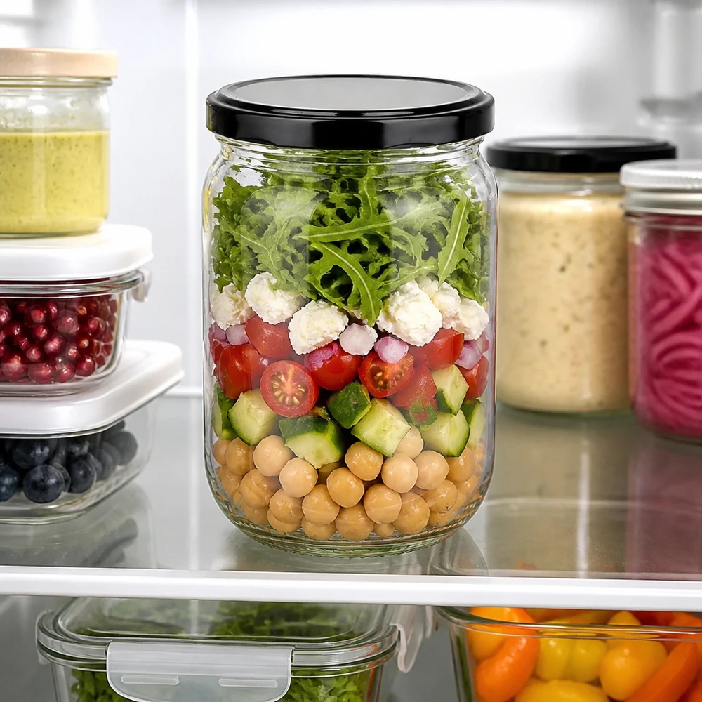 Duurzame meal prep: rond glazen pot van 555 ml met zwarte BasicSeal-deksel, gevuld met rucola en feta