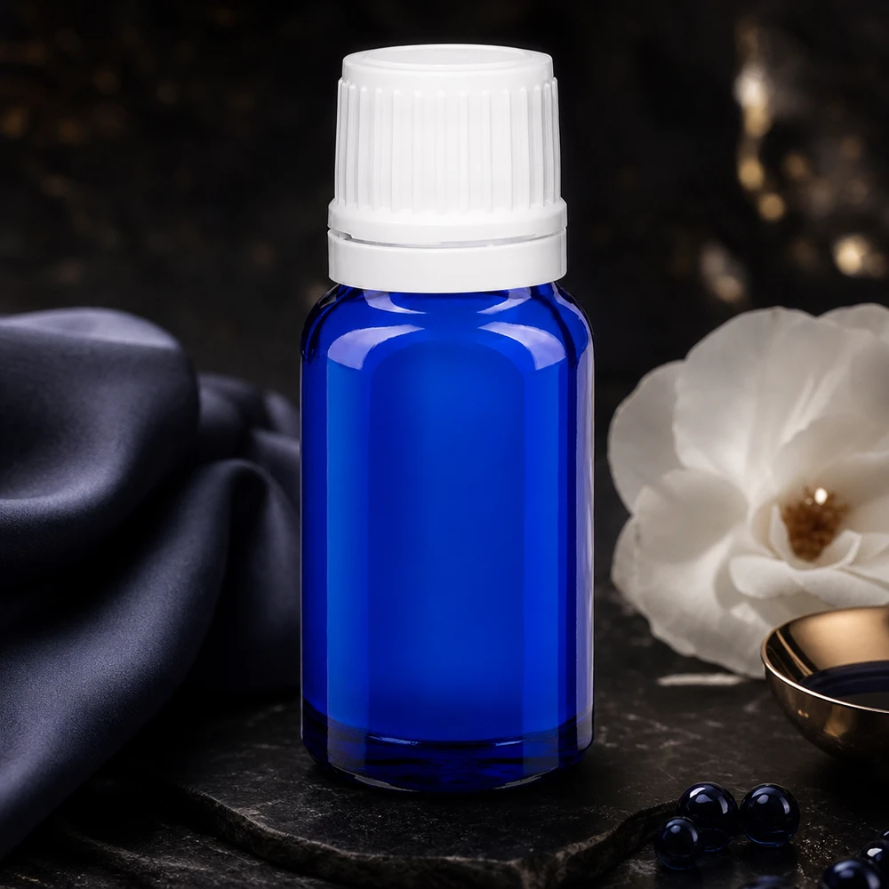 Blauwe glazen flessen 10ml met wit sluiting OV Blauw flesje van 10 ml van borosilicaatglas met een kindveilige witte dop van 11 mm