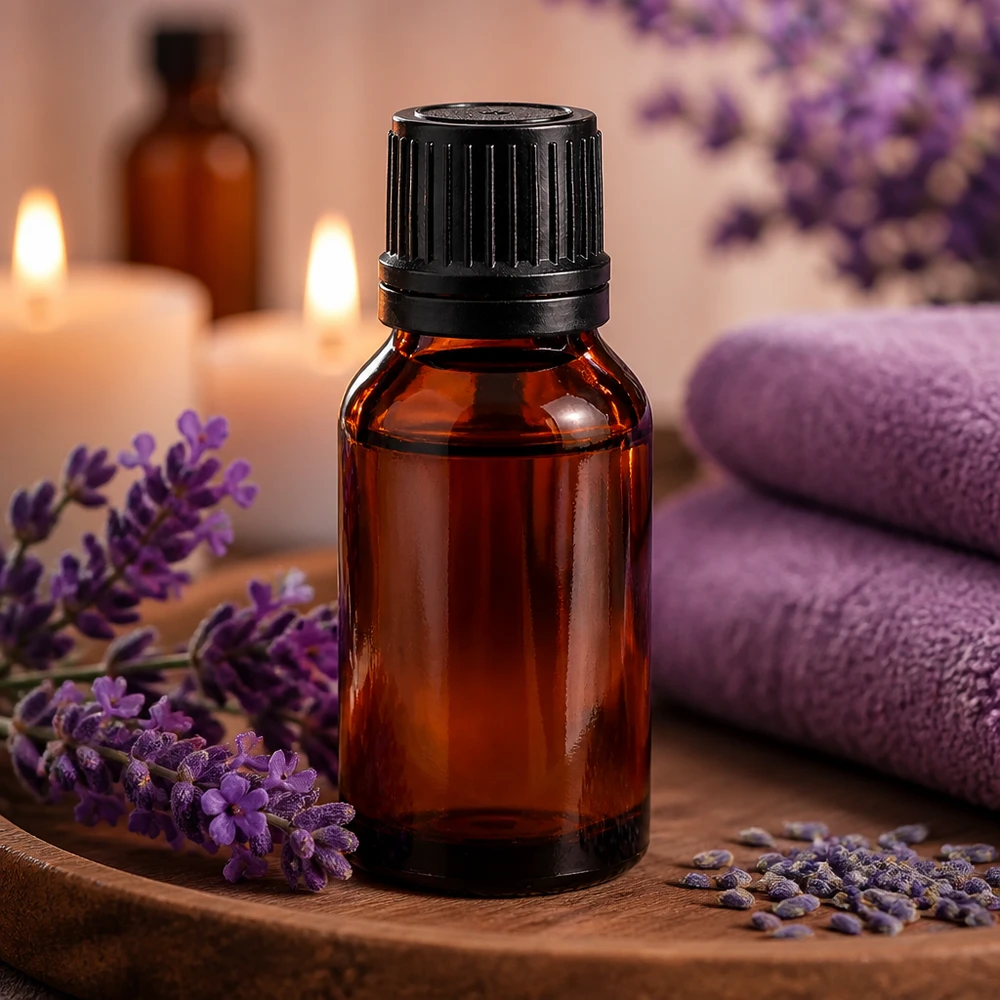 Bruine glazen fles 15ml met zwart druppelsluiting 1mm VR Bruine glazen flesje van 15 ml met druppeldop, zwart, omringd door lavendelbloemen op een houten dienblad