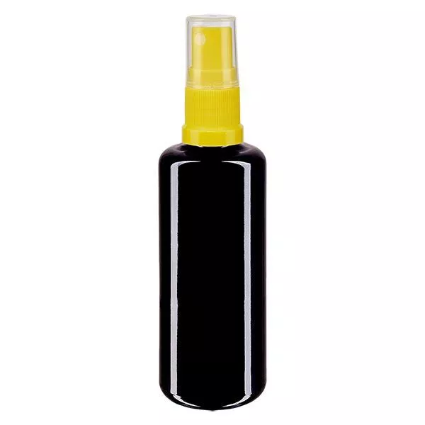 Fles van violet glas 100 ml met pompverstuiver geel Fles van violet glas 100 ml met pompverstuiver geel