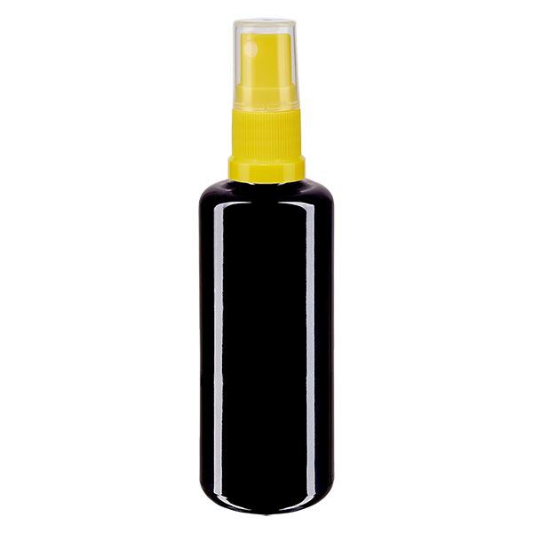 Fles van violet glas 100 ml met pompverstuiver geel Fles van violet glas 100 ml met pompverstuiver geel
