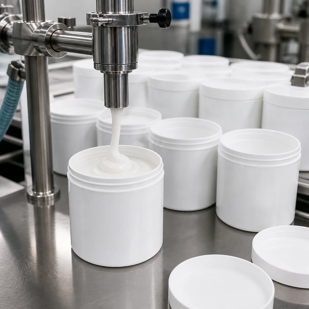 Zalfpot 30 g wit met schroefdeksel wit (PP) Automatisch vullen van ronde, witte zalfpotjes van 30 g met een romige massa in een cleanroom