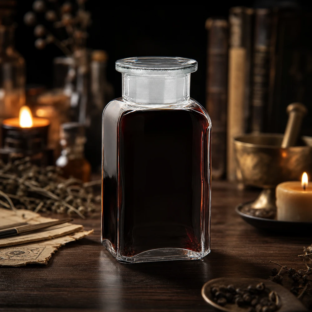 Vierkante fles met brede hals, 100 ml, helder glas met platte glazen stop, voor het bewaren van kruidenextract