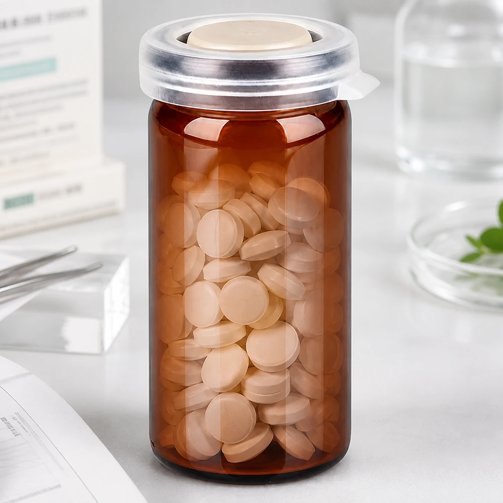 10ml tablettenglas bruin incl. klikdeksel (rolrand glas) Klein tabletbuisje van 10 ml van bruin glas met een doorzichtige schroefdop op een witte achtergrond