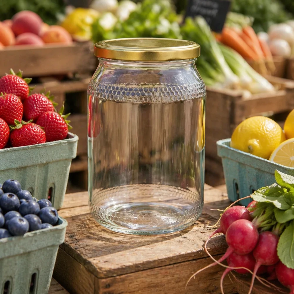 900ml honingpot leeg met BasicSeal deksel goud tussen vers fruit en groenten - veelzijdige voorraadpot