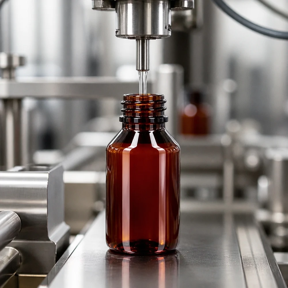 PET-fles 50ml met zwarte spuitdop OV UV-schützende braune 50ml PET Flasche mit OV Verschluss beim maschinellen Befüllprozess