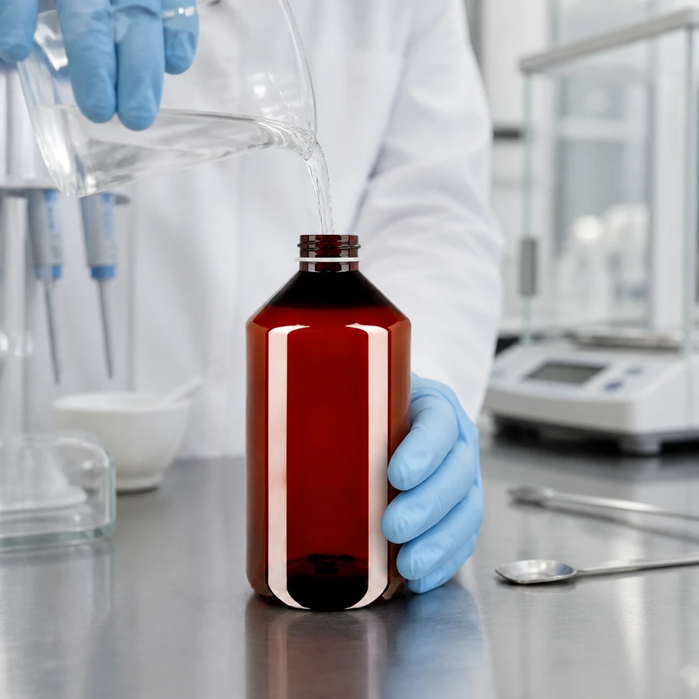 Een laboratoriummedewerker vult een amberkleurige ronde PET-fles van 750 ml met een witte, geribbelde schroefdop