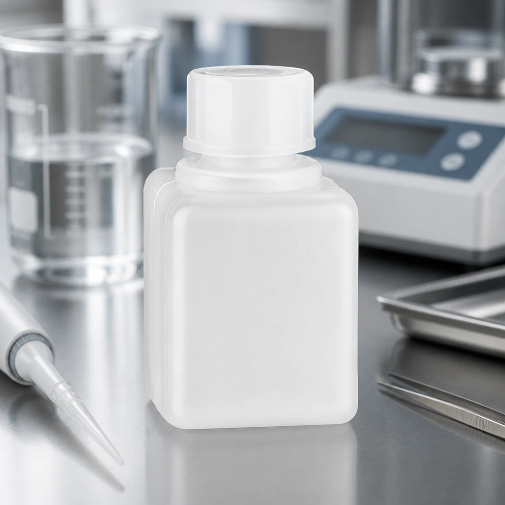 Vierkant, naturelkleurig flesje van 20 ml met smalle hals, gemaakt van PE-HD, met transferpipet op de achtergrond