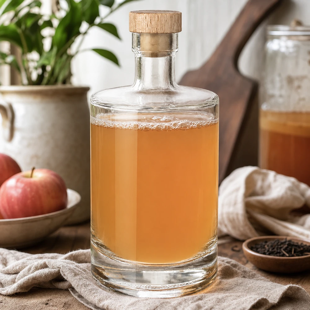 500ml glazen fles Marie gevuld met appellikeur - houten kurk UNiTWIST - Keukenstilleven met appels en kruiden