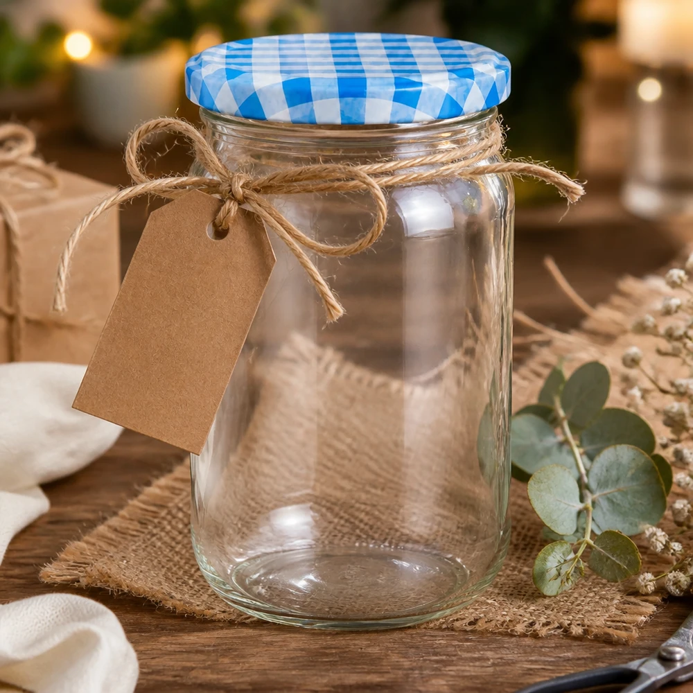 1062ml ronde pot leeg met cadeaulabel en jute koord, BasicSeal deksel blauw en wit, decoratieve presentatie