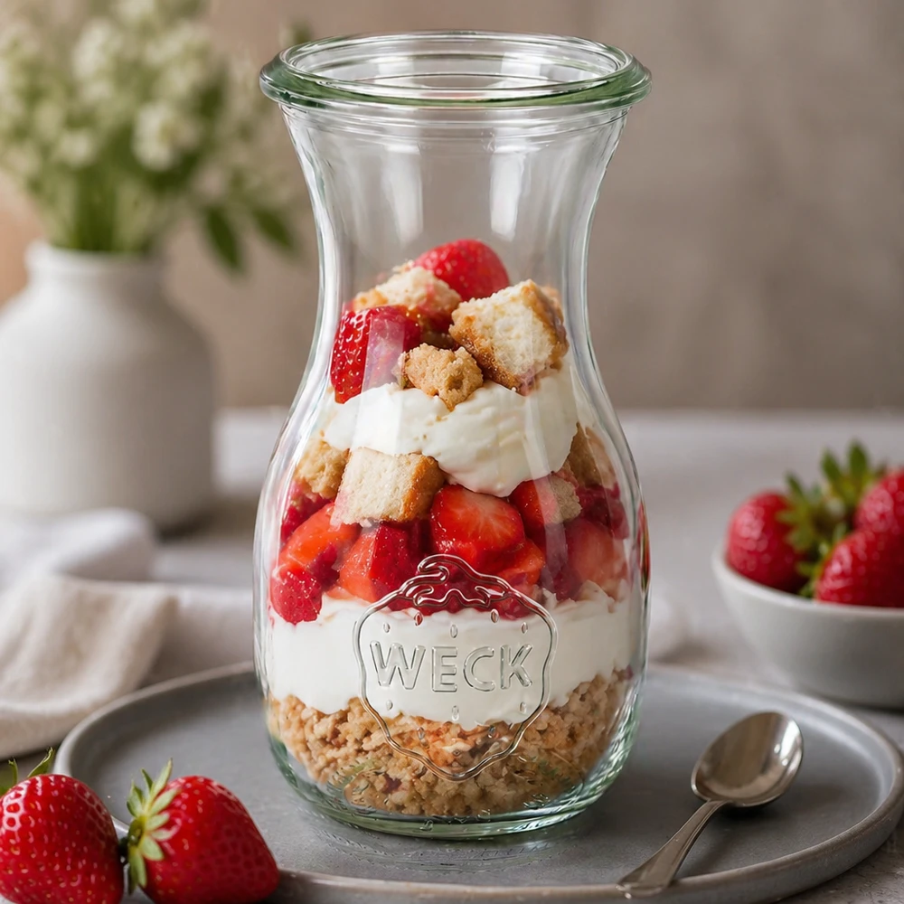 WECK sapfles 290ml RR60 als dessertpot gevuld met aardbeien, slagroom en koekjes gedecoreerd op een grijs bord