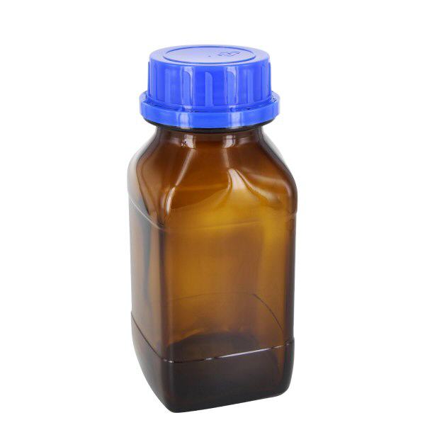 500 ml vierkante fles met wijde hals bruin glas, incl. schroefsluiting VR DIN54 blauw met EPE-tussenlaag 500 ml bruine chemicaliënfles met blauwe schroefdop en EPE-inzetstuk voor laboratoriumchemicaliën