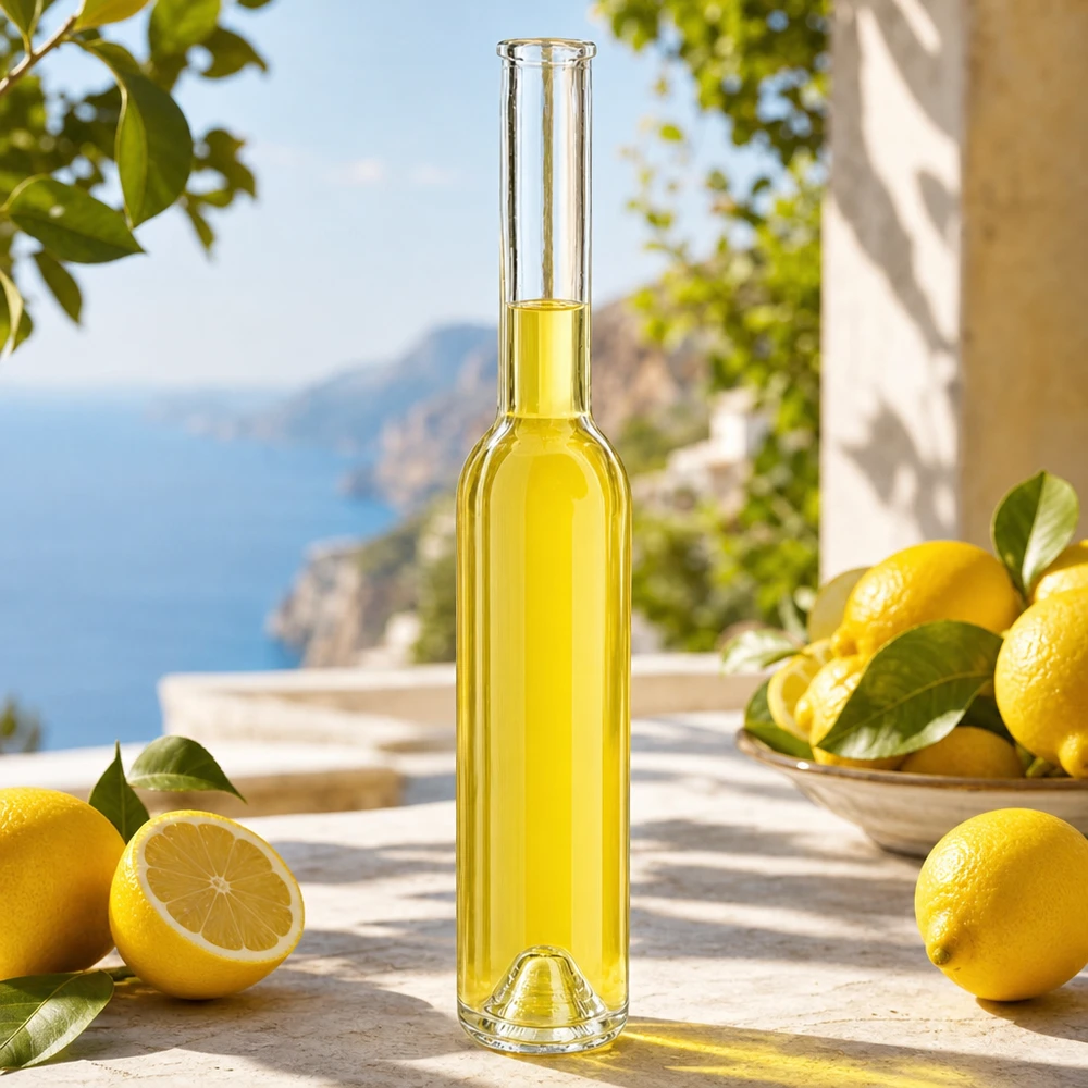 Glazen fles Hugo 200ml gevuld met gele vloeistof Limoncello citroenen Mediterrane sfeer Lifestyle