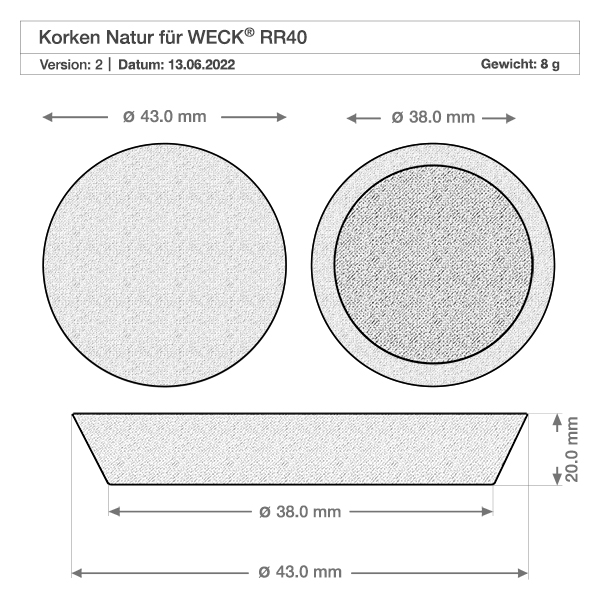 Kurk voor opening 40mm WECK RR40 (ø38/43, H=20mm) Technische tekening WECK kurkstop RR40 met afmetingen 38mm 43mm diameter 20mm hoogte Natuurlijke kurkstop