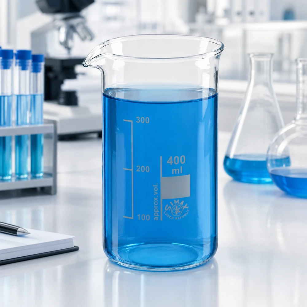Chemieglas van 400 ml, hoog model, gevuld met een blauwe oplossing; schaalverdeling tot 300 ml zichtbaar