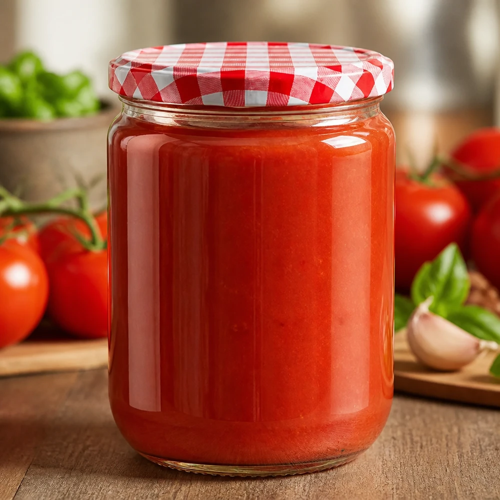 Doorzichtig rond glazen potje van 555 ml met rode tomatensaus en een luchtdichte BasicSeal-draaidop