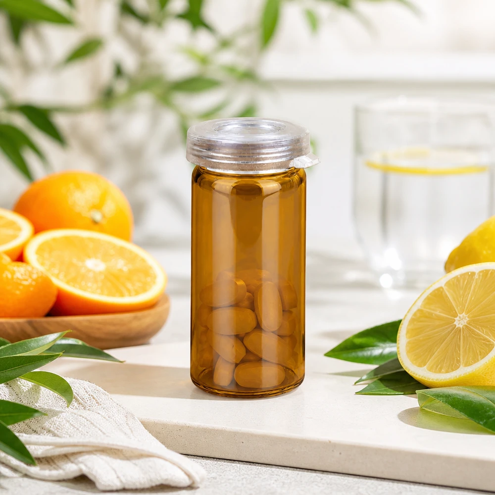 Cilindrisch glas met gerolde rand van 5 ml in bruin glas, gevuld met vitaminetabletten en citrusvruchten
