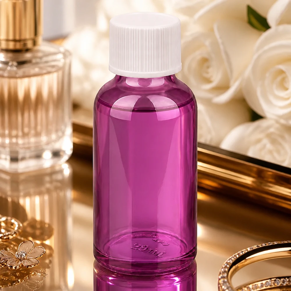 30ml fles 11mm schroefdop wit standaard PurpleLine UT18/30 Stijlvolle 30 ml fles in paars design met witte draad, ideaal voor hoogwaardige cosmetica