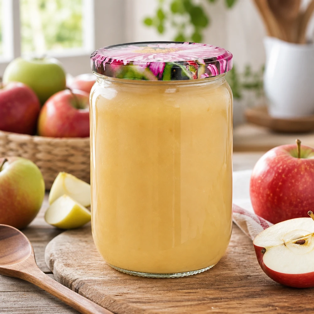 555 ml rond glas + BasicSeal-deksel ‘Blüte’ UNiTWIST Rond glazen potje van 555 ml met bloemen op de schroefdop, gevuld met zelfgemaakte appelmoes uit de keuken