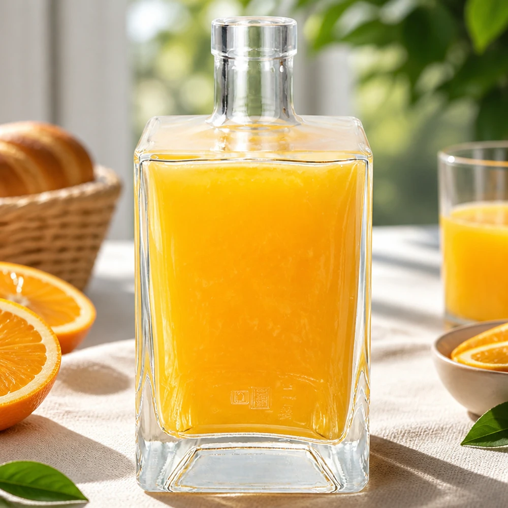 700ml glazen Ben fles gevuld met sinaasappelsap op een ontbijttafel gedekt met verse sinaasappels en gebakjes