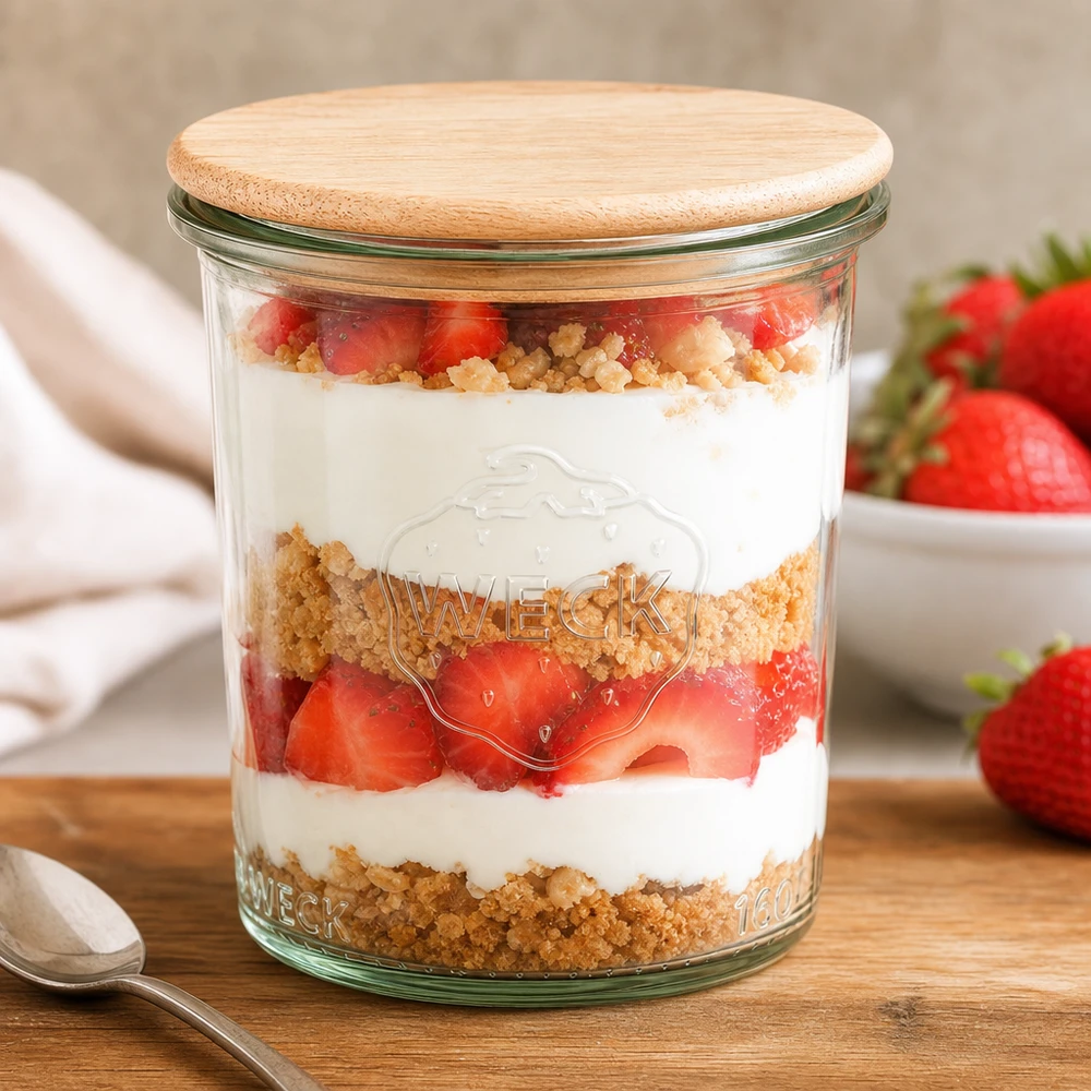 160ml stortglas WECK RR60 met hout deksel WECK pot 160ml RR60 met bamboe deksel gevuld met aardbeiendessert Gelaagd dessert in inmaakpot Keukentafel